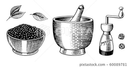 Black pepper set in Vintage style. Mortar and pestle, Allspice or peppercorn, Mill and dried seeds Black pepper set in Vintage style. Mortar and pestle, Allspice or peppercorn, Mill and dried seeds 60089781