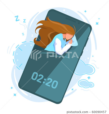 Healthy human sleep cycle stages vector flat illustration, white background. Girl sleeping with smartphone. Concept social media addiction. Smart alarm clock app mobile phone screen. Gadget software Healthy human sleep cycle stages vector flat illustration, white background. Girl sleeping with smartphone. Concept social media addiction. Smart alarm clock app mobile phone screen. Gadget software 60090457