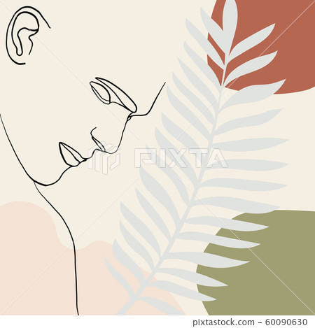 Continuous line, drawing of man face, fashion concept, man beauty minimalist with geometric doodle Abstract floral elements pastel colors. One line continuous drawing. vector illustration Continuous line, drawing of man face, fashion concept, man beauty minimalist with geometric doodle Abstract floral elements pastel colors. One line continuous drawing. vector illustration 60090630