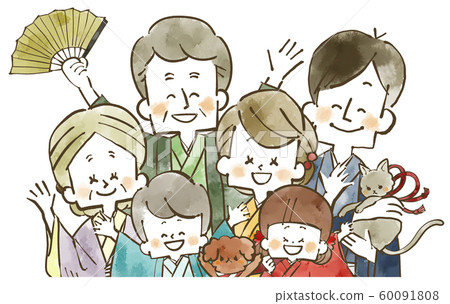 Kimono three generations family-smile-watercolor Kimono three generations family-smile-watercolor 60091808