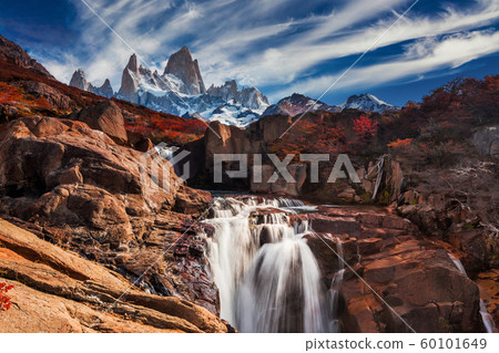 Beautiful view with waterfall and Fitz Roy mountain. Patagonia, Argentina Beautiful view with waterfall and Fitz Roy mountain. Patagonia, Argentina 60101649