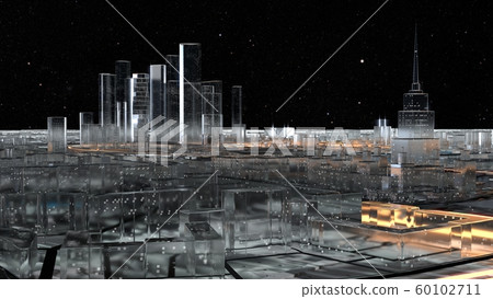3D city of glass with luminous roads. Starry sky 3D city of glass with luminous roads. Starry sky 60102711