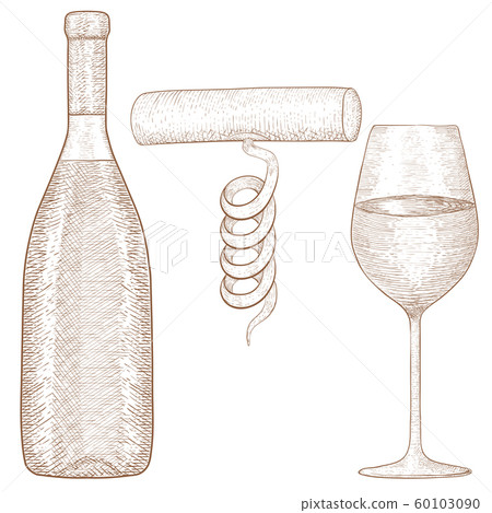 Bottle and glass of wine with corkscrew. Hand drawn sketch. Bottle and glass of wine with corkscrew. Hand drawn sketch. 60103090