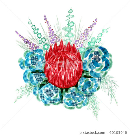 Bouquet with protea, roses and eucalyptus, spring 60105946