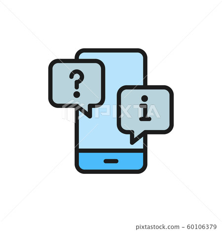 Smartphone with chat cloud, faq and answers flat color icon. 60106379