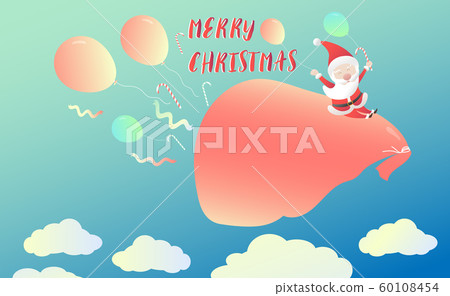 Funny Santa claus riding big bag of gift box over 60108454