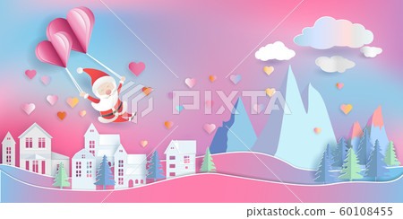 Santa claus floating by heart shape balloon. 60108455