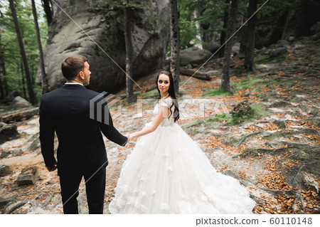 Happy wedding couple walking in a botanical park Happy wedding couple walking in a botanical park 60110148