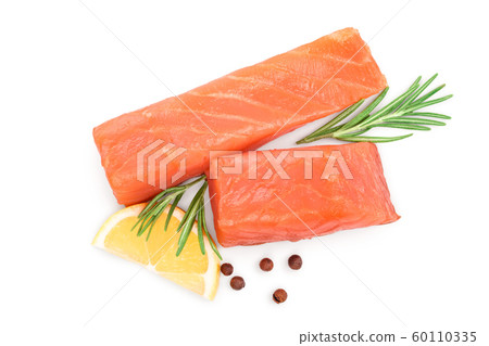 Slice of red fish salmon with rosemary and lemon isolated on white background. Top view. Flat lay 60110335