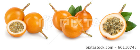 Granadilla or yellow passion fruit with leaf isolated on white background. Set or collection Granadilla or yellow passion fruit with leaf isolated on white background. Set or collection 60110743