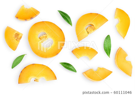 Fresh Pepino fruit slices with leaves isolated on white background. Top view, flat lay 60111046