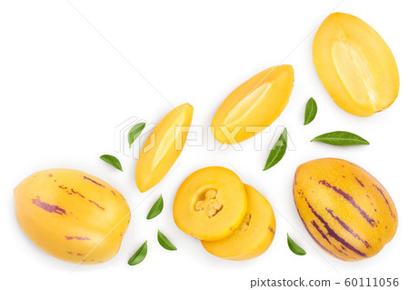 Fresh Pepino fruit with leaves isolated on white background with copy space for your text.. Top view, flat lay 60111056