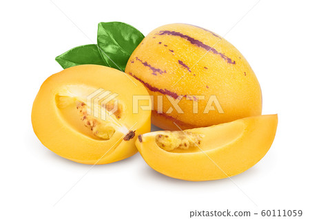 Fresh Pepino fruit with leaves isolated on white background. 60111059