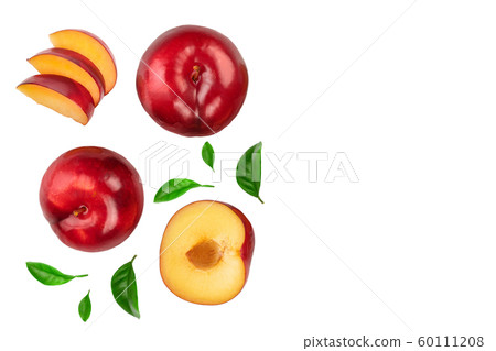 fresh red plum and half isolated on white background. Top view. Flat lay. Set or collection 60111208
