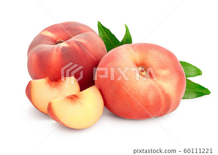 Ripe chinese flat peach fruit and slices with leaf isolated on white background 60111221