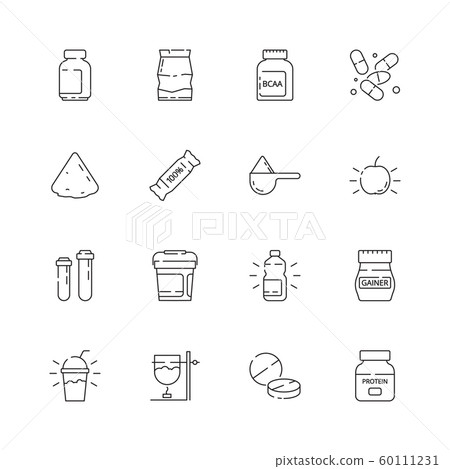 Sport nutrition icon. Vitamine active supplement food fitness industry pills whey protein health vector thin line symbols 60111231