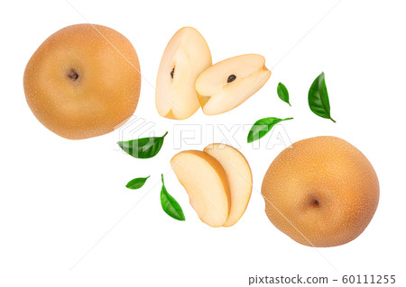 Fresh asian pear with leaves isolated on white background. Top view. Fresh asian pear with leaves isolated on white background. Top view. 60111255