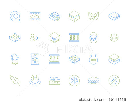 Mattress icons. Anatomical orthopedic healthcare comfortable latex eco material foam bed vector furniture colored symbols Mattress icons. Anatomical orthopedic healthcare comfortable latex eco material foam bed vector furniture colored symbols 60111316