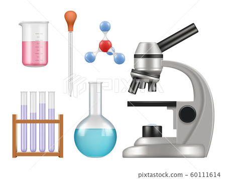 Chemical lab items. Science laboratory collection bottles microscope glass tubes biology vector realistic tools Chemical lab items. Science laboratory collection bottles microscope glass tubes biology vector realistic tools 60111614