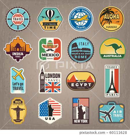 Travel stickers. Vacation badges or logos for travelers vector retro pictures Travel stickers. Vacation badges or logos for travelers vector retro pictures 60111628