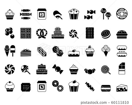 Black icon of sweets. Candies chocolate biscuits pie ice cream and pancakes monochrome vector silhouettes 60111810