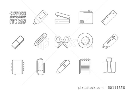 Office stationary items. Desk folder papers pencil pen stapler felt pen gadgets for managers help work vector thin line icons 60111858