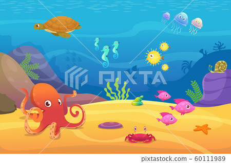 Underwater life. Aquarium cartoon fish ocean and sea animals vector background 60111989