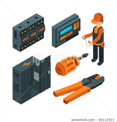 Electrical systems isometric. Electrician worker with industrial power tools for repair and setup unit vector 3d picture Electrical systems isometric. Electrician worker with industrial power tools for repair and setup unit vector 3d picture 60112023