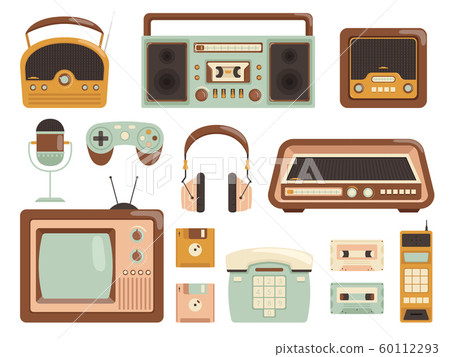 Retro gadgets. 80s electronic cassette recorder tape audio music player radio cell phone vector pictures 60112293