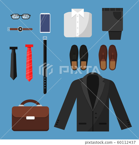 Businessman clothes. Fashion mens items pants shirt shoes watches tie bag vector top view flat illustrations Businessman clothes. Fashion mens items pants shirt shoes watches tie bag vector top view flat illustrations 60112437