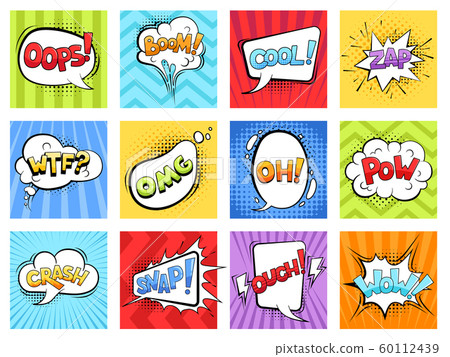Comic sounds. Cartoon explode stripped burst frames and speech bubbles with words boom vector retro template 60112439