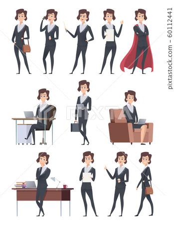 Female business characters. Company office workers action pose making different works with self business items vector cartoon pictures 60112441