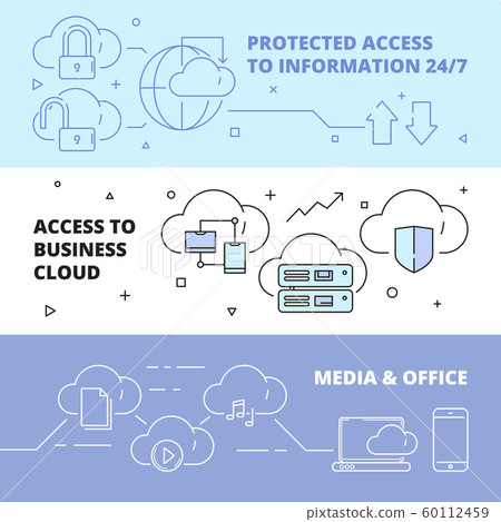Cloud technology banners. Online software computer internet services safety ftp connection work laptop pc business vector concept Cloud technology banners. Online software computer internet services safety ftp connection work laptop pc business vector concept 60112459
