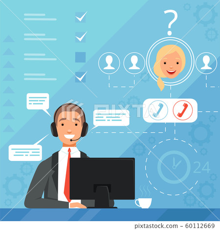 Customer service concept. 24h business online support managers operators complaint vector background illustration Customer service concept. 24h business online support managers operators complaint vector background illustration 60112669