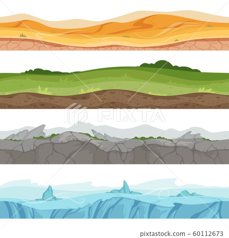 Seamless grounded surface. Parallax desert sand grass water ground vector environment for 2d cartoon games Seamless grounded surface. Parallax desert sand grass water ground vector environment for 2d cartoon games 60112673