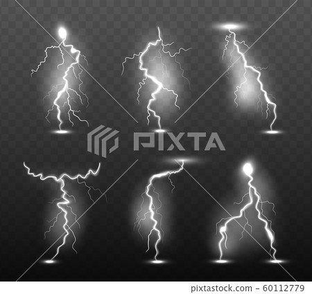 Night lightning. Glow stormy weather light effects power energy electricity thunder rain strike in sky vector realistic collection Night lightning. Glow stormy weather light effects power energy electricity thunder rain strike in sky vector realistic collection 60112779