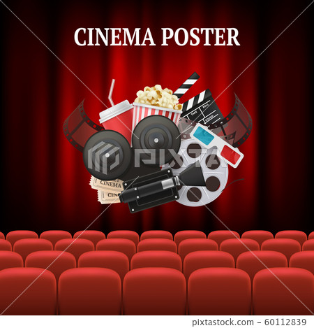 Movie chairs background. Red set cinema movie premier theater curtain concept vector background illustration 60112839