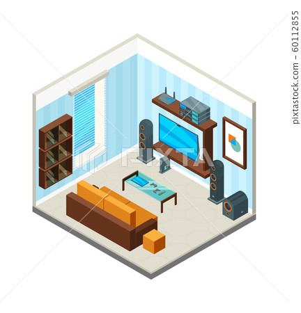 Living room interior. Entertainment home theatre table console tv set computer audio system vector isometric picture 60112855