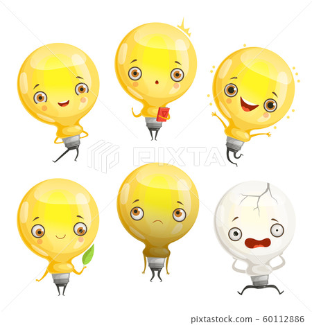 Bulb characters. Cartoon lamp mascot in dynamic poses and fun emotions vector picture 60112886