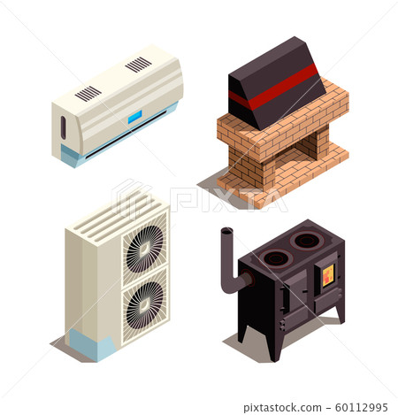Air conditioning systems. Cooling heating generators compressor pressure pipe vector isometric collection 60112995