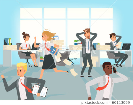 Office deadline. Business workers managers stress running on workplaces at work vector characters Office deadline. Business workers managers stress running on workplaces at work vector characters 60113099
