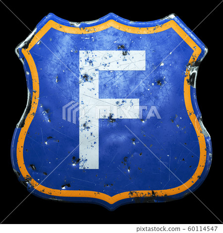 Public road sign in blue and orange color with a capitol white letter F in the center isolated black background. 3d 60114547