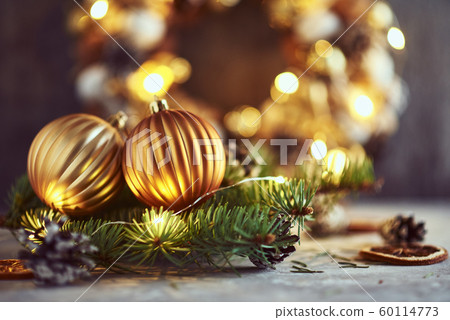 Christmas decorations with golden balls and fir tree Christmas decorations with golden balls and fir tree 60114773