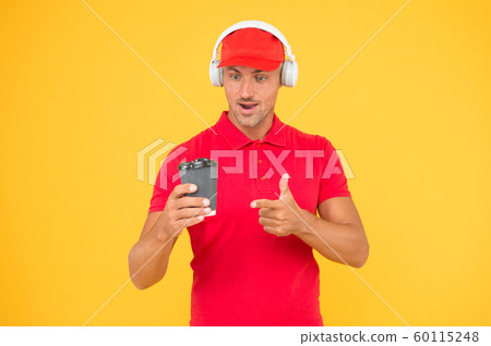 Cafe stuff red uniform with cap serving coffee Cafe stuff red uniform with cap serving coffee 60115248