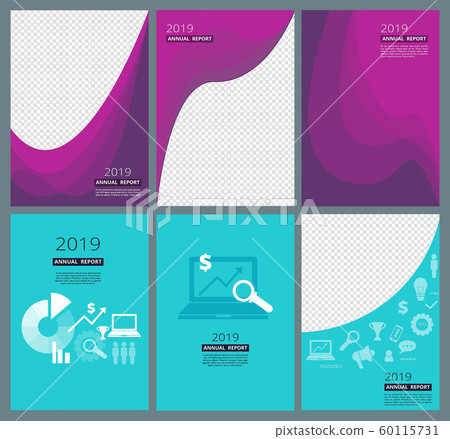 Business brochure covers. Company annual report pages with abstract geometry shapes designs vector template Business brochure covers. Company annual report pages with abstract geometry shapes designs vector template 60115731