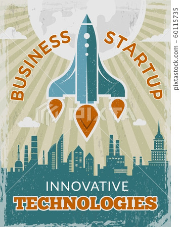 Rocket retro poster. Business startup concept with shuttle or spaceship vintage creative space 40s vector placard Rocket retro poster. Business startup concept with shuttle or spaceship vintage creative space 40s vector placard 60115735