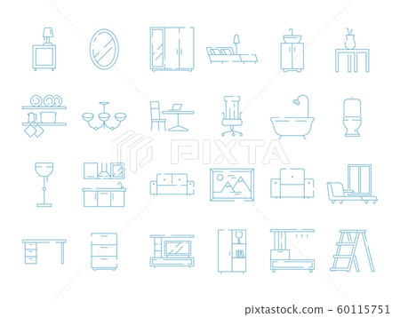 Room furniture icon. Bed table desk chair sofa vector thin symbols pictograms Room furniture icon. Bed table desk chair sofa vector thin symbols pictograms 60115751