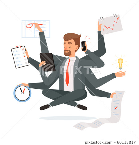 Multitasking businessman. Office worker making much work with hands writing calling reading yoga meditation vector concept character 60115817