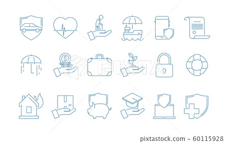 Protection icons. House cars life business and money insurance medicine caring people line thin vector pictures Protection icons. House cars life business and money insurance medicine caring people line thin vector pictures 60115928