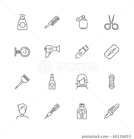Haircut icon. Beauty salon hairstyle steaming and washing cutting tools scissors comb hairdryer vector thin simple pictures 60116053